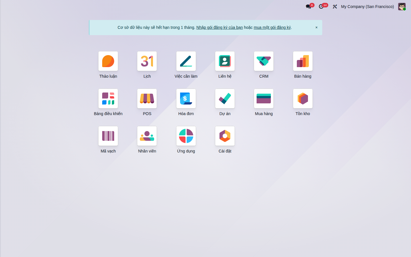 Giao dien tong quan Odoo 19 voi module ban hang, kho, ke toan - MIMA ERP